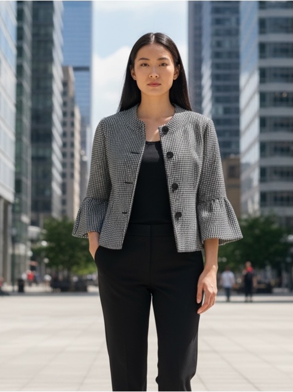 Studio Works Black & White Textured Button-Front Bell Sleeve Suit Jacket